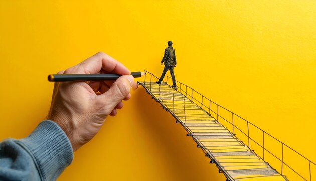 Hand draws bridge toward distant figure against bright yellow background