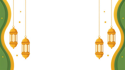 Golden hanging lanterns with green wavy border for islamic holiday celebration greeting card design template Vector © mdlimon