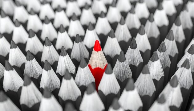Red pencil stands out among gray pencils. Monochrome background emphasizes singular focus
