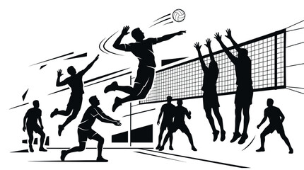 Silhouette illustration of volleyball players in action. © Alizay sports