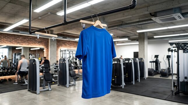Blue Sports T Shirt Hanging in a Modern Gym
