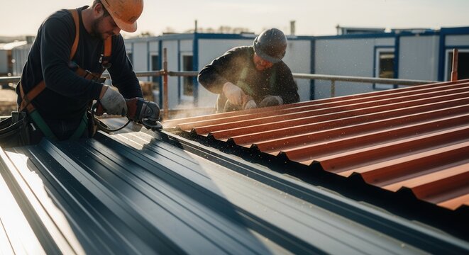 Construction Workers Grinding Roof Metal Material With Power Tools Skillfully