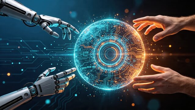 Human and robot hands surrounding glowing digital sphere with circuit patterns, representing AI core or global tech network, futuristic concept of shared intelligence