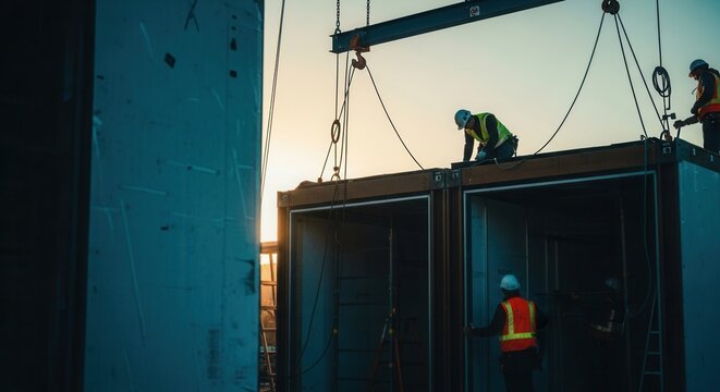 Construction Workers Handle Shipping Containers With Crane At Sunset