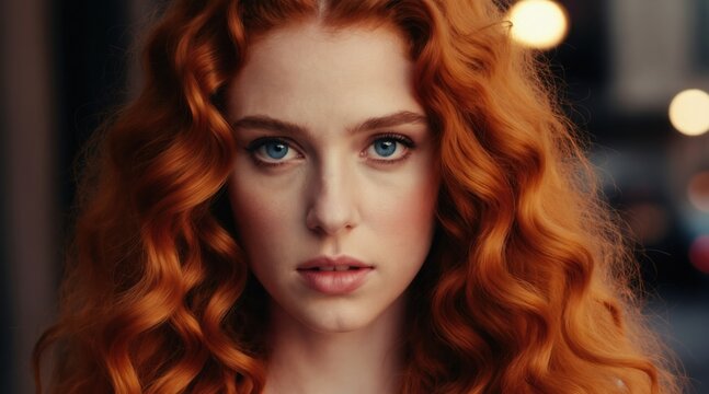 Young woman with vibrant red curly hair, blue eyes, fair skin, soft lips, natural makeup. Looking directly at camera with calm, neutral expression. Soft bokeh lights in background suggest urban