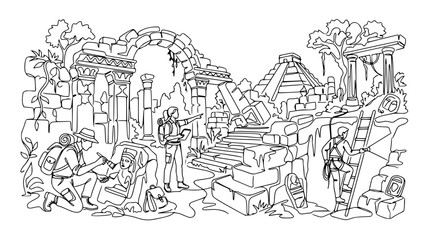 Obraz premium Archaeologists excavating ancient Mayan ruins with pyramids and jungle overgrowth.