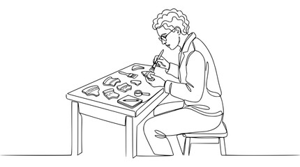 Paleontologist examining fossils at a desk, illustration © Iwak