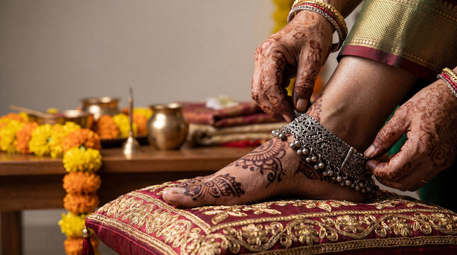Indian woman wearing traditional anklet and henna tattoos