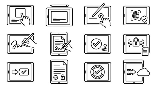 Black and white line icons of digital documents and editing.
