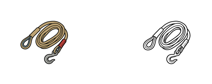 Tow rope illustrations in beige flat color and black line outline styles representing coiled vehicle auto recovery cord with heavy steel hook on white background