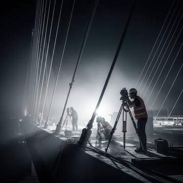 Construction Workers Conducting Surveys On A Dramatic Illuminated Bridge At Night