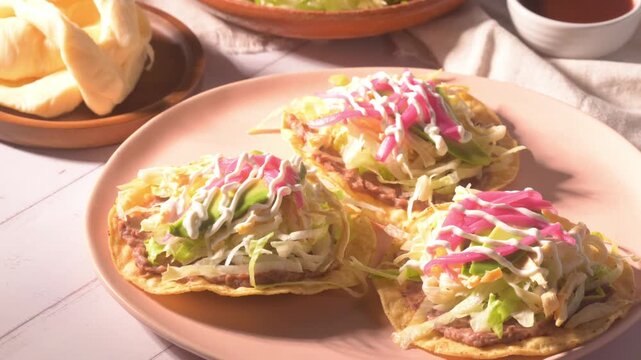 Traditional Mexican tostadas with shredded chicken, lettuce, and cream on a plate. Direct flash light
