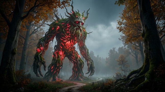 Ancient tree creature, a halloween horror background, emerging from a misty forest, ample copy space for advertising.