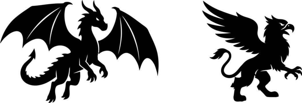Ferocious fantasy creature with glowing red eyes and gaping maw in a dark, misty forest at night.  Halloween mythical creatures dragon and griffin silhouettes for spooky decor