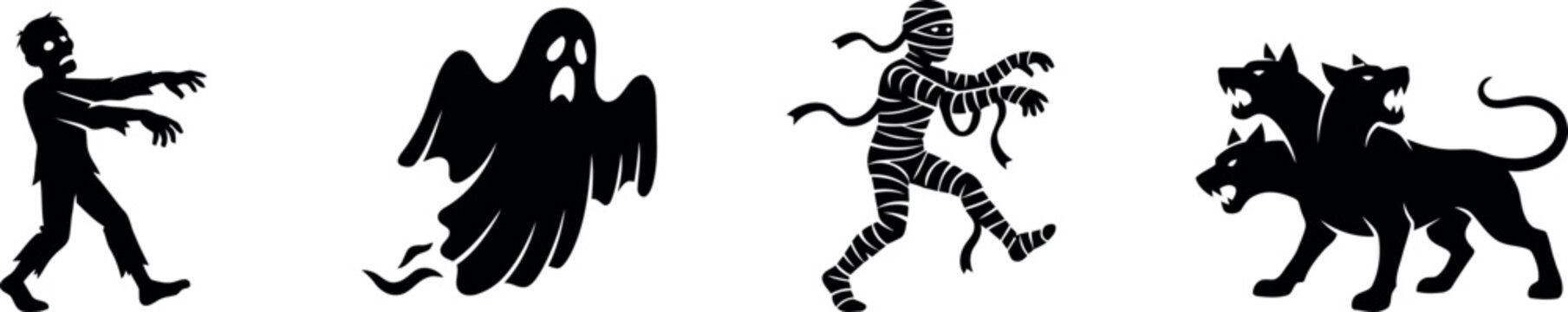 Cartoon Halloween Mummy Holding a Glowing Jack-o-lantern. Halloween day silhouettes zombie ghost mummy and cerberus vector graphics