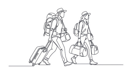 Obraz premium Couple Traveling With Luggage, Backpacks, and Suitcase - Minimalist Line Art