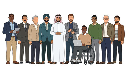 Obraz premium Diverse group of professional men standing together in a stylish flat vector graphic illustration design