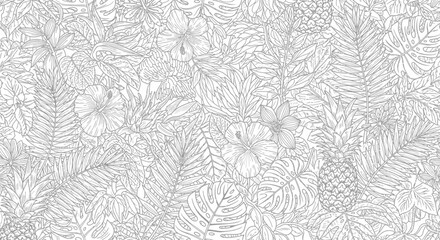Obraz premium Detailed hand-drawn tropical exotic jungle seamless pattern with palm leaves, hibiscus flowers, and pineapples, line art background.