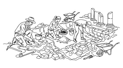 Obraz premium Archaeologists excavating ancient ruins with tools and artifacts, line art illustration