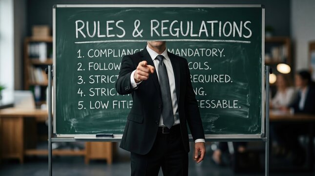 Businessman pointing at rules and regulations on a chalkboard