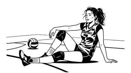 Young woman sitting with volleyball on floor.