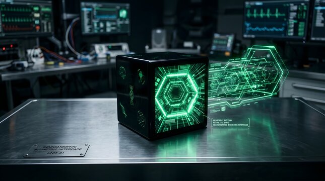 Futuristic black cube artifact glowing with green holographic UI display inside high tech laboratory
