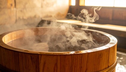 Fototapeta premium Gentle steam rising from warm wooden onsen bath in serene Japanese hot spring retreat with natural ambiance and tranquil relaxation atmosphere
