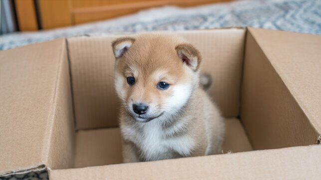 Adorable small shiba inu puppy sitting inside a brown cardboard box looking very curious today