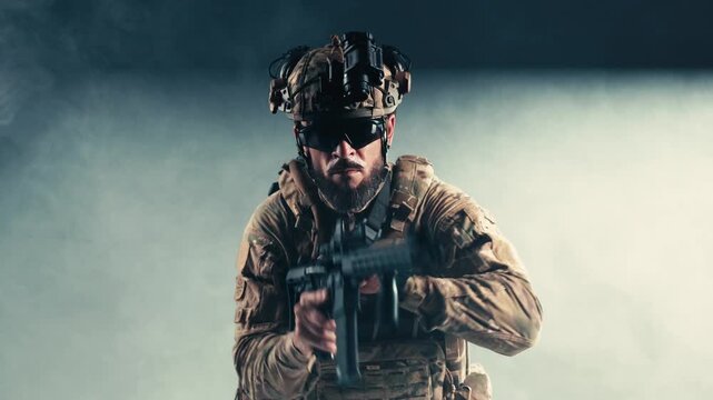 Armed commando in full tactical combat gear with assault rifle, isolated background. Concept special operations, protection and defense.
