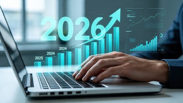 Business growth forecast chart rising to 2026, financial success and profit increase concept, hand typing on laptop keyboard with holographic bar graph and upward arrow overlay