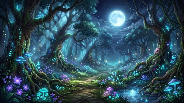Mystical glowing mushrooms in enchanted moonlit forest with magical atmosphere