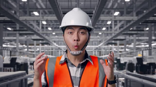 Close Up Of Asian Male Engineer With Safety Helmet Smiling To Camera And Saying Wow While Standing at Solar Panel Manufacturing Factory with Automated Robotic Assembly Line