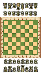 Fototapeta premium Stylized chess with military equipment. View from above. Isolated on white background. Vector illustration.