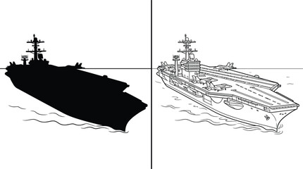 Aircraft Carrier Silhouette and Outline Flat Vector Illustration with Crosshairs for Targeting Military Naval Ships © Hridoy