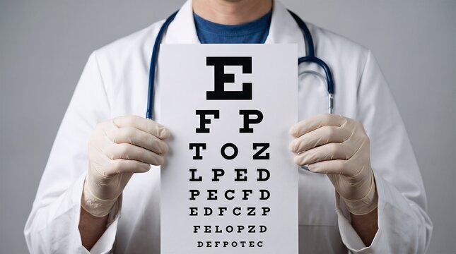 Medical professional holding an eye chart for vision testing in a clinical environment with healthcare optometrist ophthalmology eyesight stethoscope optician