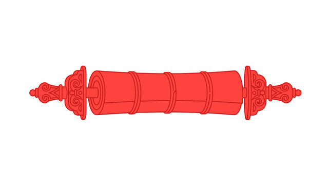 Red Torah Scroll with Ornate Handles, Isolated on White