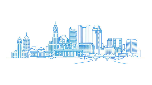 Columbus Ohio Skyline Line Art Drawing Blue on White Background