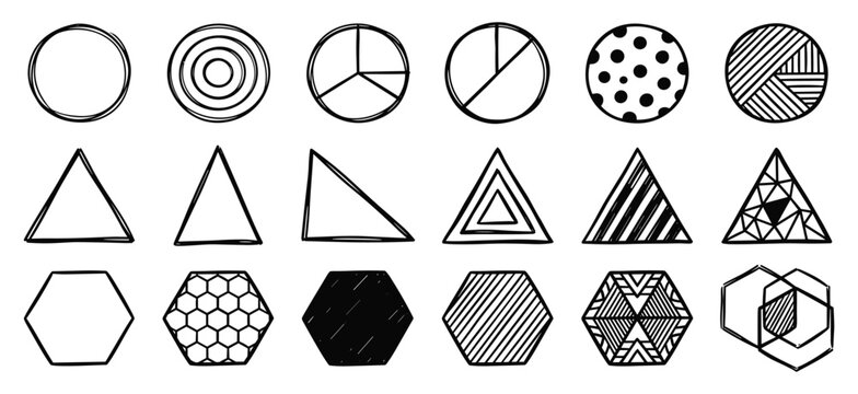 Hand drawn geometric shapes and patterns on transparent background
