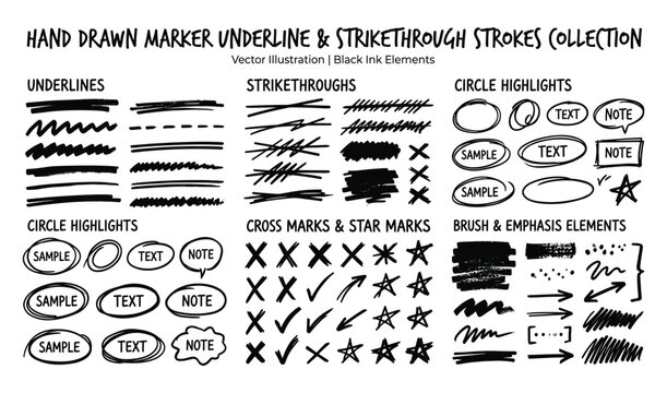 Hand drawn marker underline and strikethrough strokes elements