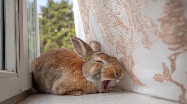 A fluffy brown rabbit rests on a sunny windowsill while yawning with its mouth wide open