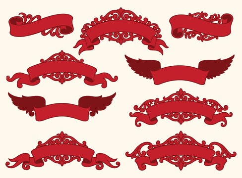 Elegant red decorative vintage banner with ornate gold trim set collection