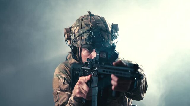 Special forces operator in modern tactical equipment aiming an assault rifle, isolated background. Concept military technology, combat readiness and defense.
