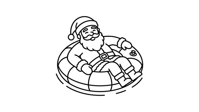 A black and white line art illustration of Santa Claus relaxing in a pool float.