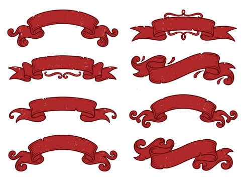 Red decorative vintage ribbon banner with swirl ends illustration