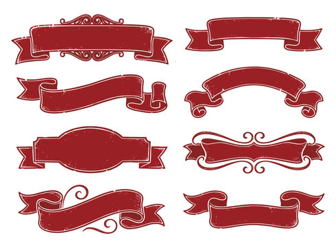 Elegant red vintage style ribbon banner collection with decorative swirls and tassels
