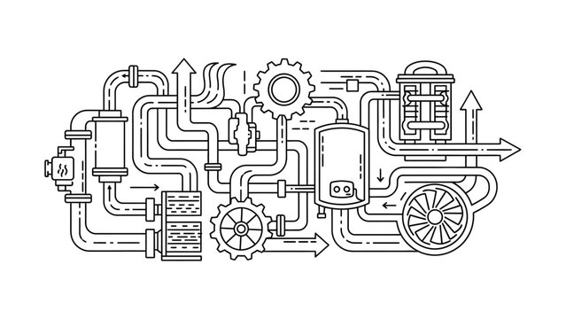 Detailed line art illustration of a complex industrial machine with gears and pipes.