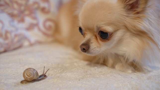 Tiny curious snail crawling slowly on a soft white blanket near a cute fluffy chihuahua dog