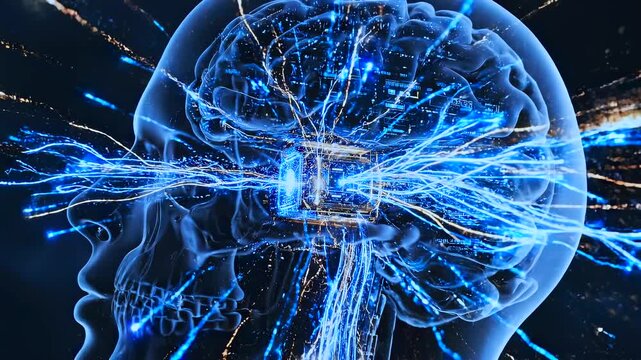 human head showing brain activity in side view with electric neural signals spreading through digital network in high-tech environment for neuroscience research, ai systems and data visualization
