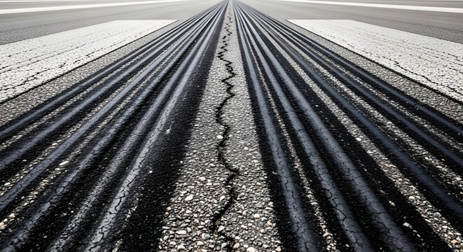 Low angle symmetric perspective of black industrial cables extending across a textured concrete ground toward a vanishing point
