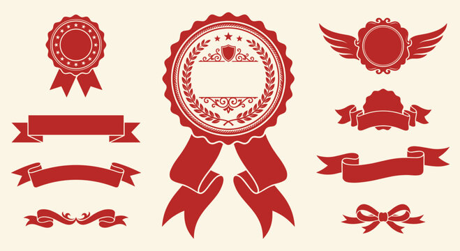 Elegant red vintage ribbon badges and decorative elements set